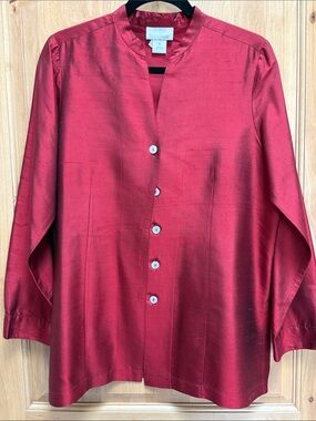 TravelSmith Deep Red Silk Mandarin Collar Button Shirt